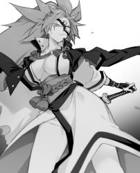 Rule 34 | 10mo, 1girl, amputee, arm guards, baiken, big hair, black jacket, breasts, cleavage, eyepatch, facial mark, greyscale, guilty gear, guilty gear strive, highres, holding, jacket, jacket on shoulders, japanese clothes, kataginu, katana, kimono, large breasts, monochrome, mouth hold, one-eyed, open clothes, open kimono, ponytail, samurai, sash, scar, scar across eye, scar on face, sheath, sheathed, simple background, stalk in mouth, sword, weapon, white background, wide sleeves