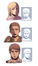 Rule 34 | !, 1girl, 3boys, absurdres, annie leonhart, blonde hair, blue eyes, brown eyes, brown hair, commentary, connie springer, facial hair, flying sweatdrops, frown, goatee, hand on another&#039;s shoulder, highres, hood, hoodie, jean kirstein, multiple boys, open mouth, partially colored, reiner braun, shingeki no kyojin, smile, symbol-only commentary, yanglao paopaoren