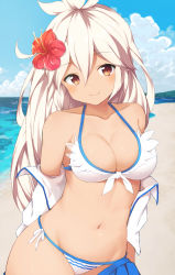 Rule 34 | 10s, 1girl, absurdres, beach, bikini, blue skirt, blush, breasts, brown eyes, cleavage, closed mouth, clothes pull, collarbone, cowboy shot, cowlick, dark-skinned female, dark skin, day, flower, front-tie bikini top, front-tie top, granblue fantasy, grey hair, hair between eyes, hibiscus, highres, jacket, long hair, looking at viewer, medium breasts, navel, ocean, open clothes, open jacket, outdoors, pleated skirt, red flower, side-tie bikini bottom, skirt, skirt pull, smile, solo, swimsuit, tsuzaki tsunomi, white bikini, zooey (granblue fantasy), zooey (summer) (granblue fantasy)