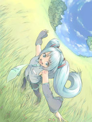 Rule 34 | 1girl, akinbo (hyouka fuyou), aqua hair, day, hatsune miku, meadow, nature, necktie, sky, solo, thighhighs, twintails, vocaloid