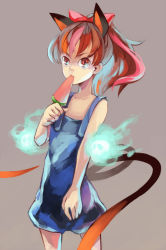 Rule 34 | 1girl, alternate hairstyle, animal ears, cat ears, cat girl, cat tail, female focus, food, high ponytail, kaenbyou rin, kouko (thorax), multiple tails, ponytail, popsicle, qiangzi, red eyes, red hair, skull, solo, tail, touhou, watermelon bar