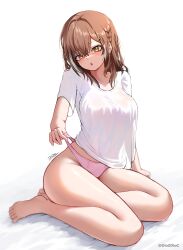 Rule 34 | 1girl, absurdres, alternate costume, bare legs, barefoot, blush, braid, breasts, brown eyes, brown hair, chestnut mouth, dio dio, highres, hololive, hololive english, looking at viewer, medium breasts, medium hair, multicolored hair, nanashi mumei, open mouth, panties, pink panties, see-through silhouette, shirt, shirt overhang, short sleeves, signature, sitting, solo, strap pull, streaked hair, thighs, underwear, virtual youtuber, white hair, white shirt, yokozuwari