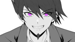 Rule 34 | 1boy, beard, close-up, commentary request, danganronpa (series), danganronpa v3: killing harmony, ewa (seraphhuiyu), facial hair, goatee, grin, highres, jacket, looking at viewer, male focus, momota kaito, pink eyes, smile, solo, spiked hair, spot color