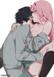 Rule 34 | 10s, 1boy, 1girl, absurdres, artist name, bare shoulders, black hair, black legwear, blazer, blush, breast press, breast sucking, breasts, chenaze57, chinese commentary, clothed sex, commentary, commentary request, couple, darling in the franxx, ear licking, green eyes, green pants, green skirt, grey jacket, hair ornament, hairband, hand on another&#039;s back, hand on another&#039;s neck, hetero, highres, hiro (darling in the franxx), holding, holding leg, horns, jacket, legs up, licking, long hair, long sleeves, medium breasts, no bra, oni horns, open clothes, open jacket, panties, pants, pink hair, pink panties, red horns, saliva, saliva trail, school uniform, skirt, smoke, socks, thighs, tongue, tongue out, underwear, white hairband, zero two (darling in the franxx)