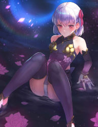 Rule 34 | 1girl, armlet, armor, bare shoulders, bikini armor, blush, bracelet, breasts, closed mouth, collar, detached sleeves, dress, earrings, fate/grand order, fate (series), floral print, flower, hair ribbon, highres, jewelry, kama (fate), kama (first ascension) (fate), knees together feet apart, knees up, looking at viewer, lotus, metal collar, miniskirt, otsukemono, panties, pelvic curtain, petals, pink ribbon, purple dress, purple skirt, purple sleeves, purple thighhighs, red eyes, revision, ribbon, ring, short hair, sitting, skirt, small breasts, smile, thighhighs, thighlet, thighs, underwear, water, white hair, white panties