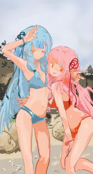 Rule 34 | 2girls, absurdres, alternate costume, alternate eye color, arm around shoulder, arm around waist, arm up, armpits, beach, bikini, black ribbon, blue bikini, blue hair, bracelet, breasts, closed mouth, day, fang, feet out of frame, hair ribbon, hand on own thigh, highres, jewelry, kabuyama kaigi, kotonoha akane, kotonoha aoi, looking at viewer, medium breasts, multiple girls, navel, one eye closed, open mouth, orange eyes, outdoors, pink hair, red bikini, red ribbon, ribbon, sand, siblings, side-by-side, sisters, small breasts, smile, standing, stomach, swimsuit, voiceroid, w