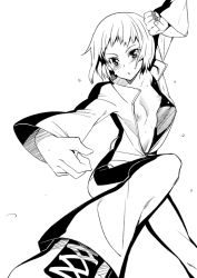 Rule 34 | 10s, 1girl, blush, breasts, bruce lee&#039;s jumpsuit, fighting stance, greyscale, huang baoling, inue shinsuke, kicking, monochrome, nipples, no bra, short hair, small breasts, solo, sweat, tiger &amp; bunny, unzipped, white background