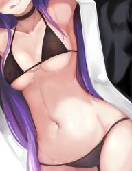 Rule 34 | 1girl, :p, absurdres, armpits, arms up, bikini, black bikini, black choker, blush, breasts, choker, close-up, closed mouth, collarbone, dutch angle, fate/grand order, fate (series), groin, head out of frame, highres, medium breasts, meltryllis, meltryllis (fate), meltryllis (swimsuit lancer) (fate), meltryllis (swimsuit lancer) (first ascension) (fate), navel, open clothes, skai kun, skindentation, smile, solo, stomach, swimsuit, thigh gap, tongue, tongue out, underboob