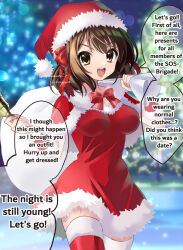 Rule 34 | 1girl, :d, alternate costume, alternate language, artist name, bell, bow, bowtie, breasts, brown eyes, brown hair, christmas, christmas tree, commentary request, english text, hair ribbon, hat, highres, holding, holding bell, holding sack, kuuma25 kuma, looking at viewer, medium breasts, medium hair, open mouth, outdoors, red bow, red bowtie, red hat, red ribbon, red thighhighs, ribbon, sack, santa costume, santa hat, smile, snow, solo, speech bubble, suzumiya haruhi, suzumiya haruhi no yuuutsu, thighhighs, twitter username, watermark