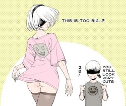 Rule 34 | 1boy, 1girl, ass, black thighhighs, blindfold, clenched hands, clothes lift, cropped legs, emil (nier), english text, komi shin&#039;ya, limited palette, looking back, nier, nier (series), nier:automata, oversized clothes, oversized shirt, parted lips, shirt, shirt lift, short hair, silver hair, smile, thighhighs, upper body, 2b (nier:automata), 9s (nier:automata)