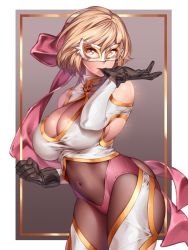 Rule 34 | 1girl, arched back, bad id, bad twitter id, blonde hair, bob cut, breasts, cleavage, covered navel, cowboy shot, djeeta (granblue fantasy), gloves, gold trim, granblue fantasy, highres, large breasts, luchador (granblue fantasy), mask, mouth pull, naidong (artist), short hair, sideboob, solo, wrestling outfit, yellow eyes