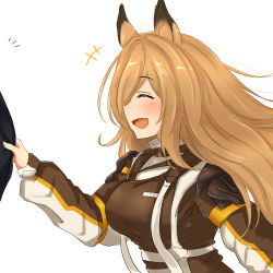 Rule 34 | 1girl, 1other, :d, ^ ^, ahoge, animal ears, arknights, breasts, brown hair, brown jacket, ceobe (arknights), closed eyes, doctor (arknights), dog ears, closed eyes, fang, jacket, large breasts, long hair, long sleeves, maiq06, open mouth, out of frame, sidelocks, sideways mouth, simple background, skin fang, smile, upper body, very long hair