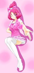 Rule 34 | 1girl, amida desuyo, bow, breasts, cleavage, closed mouth, collarbone, dokidoki! precure, eyelashes, female focus, full body, hand gesture, heart, highres, looking at viewer, no shoes, one eye closed, outstretched arm, personification, pink background, pink bow, pink eyes, pink hair, pink skirt, ponytail, precure, shadow, sharuru (dokidoki! precure), sharuru (dokidoki! precure) (human), shirt, short hair, short sleeves, simple background, sitting, skirt, smile, solo, thick eyebrows, thighhighs, thighs, white thighhighs, wink