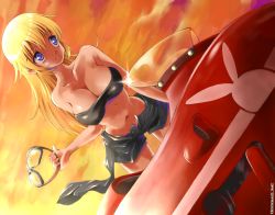 Rule 34 | 1girl, aircraft, airplane, bandeau, blue eyes, breasts, charlotte e. yeager, cleavage, cloud, dr rex, dutch angle, goggles, holding, insignia, long hair, orange hair, short shorts, shorts, sky, smile, standing, strapless, strike witches, sunset, tube top, world witches series