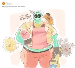 Rule 34 | 0 0, 1boy, bara, big belly, carrying, carrying under arm, colored skin, constricted pupils, creature, doug (monster prom), english text, fat, fat man, green skin, highres, jacket, male focus, midriff, monster boy, monster prom, nifast (greentail), object through head, open clothes, open jacket, pink slime (slime rancher), see-through, slime boy, slime rancher, solo, standing, sword in head, tabby slime (slime rancher), tareme
