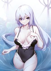 Rule 34 | 1girl, bare arms, bare shoulders, black one-piece swimsuit, breasts, casual one-piece swimsuit, closed mouth, collarbone, commission, covered navel, cowboy shot, expressionless, faicha, frilled one-piece swimsuit, frilled swimsuit, frills, grey hair, groin, hair ornament, hand on own chest, highres, large breasts, long hair, looking at viewer, one-piece swimsuit, original, purple eyes, solo, swimsuit, very long hair, wading, water, x hair ornament