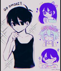 Rule 34 | 1girl, 3boys, antenna hair, arm at side, artist name, aubrey (headspace) (omori), aubrey (omori), bare arms, basil (headspace) (omori), basil (omori), black eyes, black hair, black tank top, blush, bow, bright pupils, buttons, clenched hand, closed mouth, collarbone, collared shirt, colored skin, cropped torso, english text, flower wreath, green eyes, green hair, green shirt, grin, hair behind ear, hair between eyes, hair bow, hand up, head wreath, heart, highres, kel (headspace) (omori), kel (omori), leaf, long hair, looking at another, looking to the side, multiple boys, no pupils, omo taru, omori, omori (omori), one eye closed, open mouth, overalls, own hands together, parted lips, pink bow, purple eyes, purple hair, shirt, short hair, smile, sparkle, strap slip, tank top, thumbs up, upper body, v-shaped eyebrows, white background, white pupils, white skin
