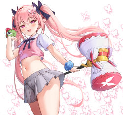 Rule 34 | 1girl, absurdres, animal, black bow, blush, bow, breasts, bug, butterfly, butterfly hair ornament, crop top, fang, grey skirt, hair between eyes, hair bow, hair ornament, hammer, highres, holding, holding hammer, holding weapon, indie virtual youtuber, insect, long hair, looking at viewer, meettheton, midriff, navel, open mouth, pink eyes, pink hair, ronarona, short sleeves, simple background, skin fang, skirt, small breasts, solo, twintails, very long hair, virtual youtuber, weapon