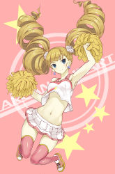 Rule 34 | 1girl, arcana heart, arcana heart 3, arm up, armpits, bare shoulders, blonde hair, blue eyes, blunt bangs, blush, cheerleader, copyright name, crop top, crop top overhang, drill hair, earrings, flower, goekawa, hair flower, hair ornament, jewelry, long hair, looking at viewer, midriff, navel, petra johanna lagerkvist, pink thighhighs, pom pom (cheerleading), shoes, skirt, smile, sneakers, solo, thighhighs, twin drills, twintails, very long hair
