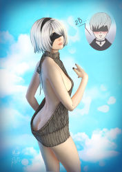 Rule 34 | 1boy, 1girl, :o, aran sweater, arm at side, artist name, ass, back, backless dress, backless outfit, bare back, bare shoulders, black hairband, black jacket, black neckwear, blindfold, blue sky, blush, breasts, butt crack, cable knit, character name, choker, cloud, cloudy sky, covered eyes, cowboy shot, day, diana shutka, drawstring, dress, embarrassed, from side, grey dress, grey sweater, hairband, halterneck, jacket, legs apart, looking at viewer, medium breasts, meme attire, nail polish, naked sweater, nier:automata, nier (series), no bra, no mole, no panties, nose, open mouth, pink lips, ribbed sweater, short hair, sideboob, silver hair, sky, sleeveless, sleeveless turtleneck, sweater, sweater dress, turtleneck, turtleneck sweater, virgin killer sweater, 2b (nier:automata), 9s (nier:automata)
