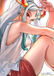 Rule 34 | 1girl, alternate costume, aosora2823, armpits, bare legs, blush, chromatic aberration, commentary, commission, curled horns, earrings, feet out of frame, gradient hair, green hair, grey hair, highres, hoop earrings, horns, jewelry, knees up, looking at viewer, looking to the side, multicolored hair, nape, one piece, oni horns, parted bangs, ponytail, red eyes, red shorts, see-through, see-through shirt, see-through silhouette, shirt, shorts, sidelocks, sitting, sleeveless, sleeveless shirt, solo, twitter username, white shirt, yamato (one piece)