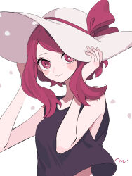 Rule 34 | 1girl, blush stickers, bow, crop top, hands on headwear, hat, hat bow, highres, looking at viewer, maco22, midriff peek, original, petals, red eyes, red hair, shirt, short hair with long locks, sleeveless, sleeveless shirt, smile, solo, sun hat
