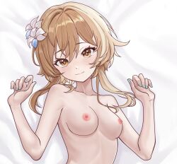 Rule 34 | 1girl, aqua nails, bed sheet, blonde hair, blush, breasts, bright pupils, chinese commentary, closed mouth, collarbone, commentary request, completely nude, eyelashes, flower, genshin impact, hair between eyes, hair flower, hair intakes, hair ornament, hands up, happy, head tilt, looking at viewer, lumine (genshin impact), lying, medium breasts, nail polish, nipples, nude, on back, shibanme tekikumo, short hair with long locks, smile, solo, split mouth, tsurime, upper body, w arms, white flower, yellow eyes