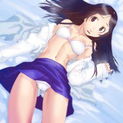 Rule 34 | 1girl, bed sheet, blue skirt, bow, bow bra, bra, breasts, brown eyes, brown hair, commentary request, highres, long hair, long sleeves, looking at viewer, navel, object on head, original, panties, pleated skirt, purple bow, shirt, shirt on shoulders, skirt, sleeves past wrists, small breasts, solo, soon (c-u-soon), stomach, strap slip, underwear, white bra, white panties, white shirt