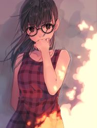 Rule 34 | 1girl, bad id, bad pixiv id, bare arms, black hair, brown eyes, checkered clothes, checkered dress, choker, covered mouth, dress, glasses, hand on another&#039;s face, hand on own face, hand to own mouth, hime kyun fruit can, long hair, looking at viewer, natsu natsuna, okumura mayuri, real life, red eyes, solo, upper body