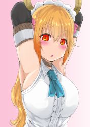 Rule 34 | 1girl, armpits, arms up, blonde hair, blue neckwear, breasts, choker, commentary request, dragon, dragon horns, elbow gloves, gloves, gradient background, hair between eyes, horns, kobayashi-san chi no maidragon, large breasts, long hair, looking at viewer, open mouth, portrait, red eyes, simple background, solo, tanufude, tohru (maidragon), upper body, white headwear