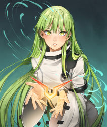 Rule 34 | 1girl, artist name, blush, c.c., code geass, cowboy shot, geass, green background, green hair, hair between eyes, high collar, long hair, long sleeves, looking at viewer, own hands together, parted lips, robe, solo, syertse, very long hair, white robe, wide sleeves, yellow eyes