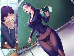 Rule 34 | 1girl, blush, book, breasts, breasts apart, chalk, chalkboard, classroom, cleavage, clenched teeth, covered erect nipples, cum, cumdrip, embarrassed, formal, glasses, grassturtle, groin, hand up, head rest, hetero, highres, holding, holding book, indoors, large breasts, legs, long hair, looking at viewer, no eyes, original, panties, panties under pantyhose, pantyhose, pencil skirt, pink eyes, purple hair, purple skirt, purple suit, red-framed eyewear, s kyoushi na kagami-sensei to m haha na ryouko-san, school, school uniform, skirt, smile, standing, suit, table, teacher, teacher and student, teeth, thigh gap, thighs, trembling, underwear, wide hips, x-ray
