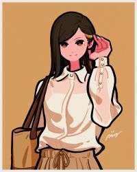 Rule 34 | 1girl, absurdres, bag, black hair, brown background, brown bag, brown eyes, brown theme, collared shirt, flat color, hand up, highres, long hair, long sleeves, miyoshi yoshimi, mole, mole under eye, multicolored hair, original, see-through, shirt, shirt tucked in, shoulder bag, simple background, smile, solo, streaked hair, white shirt