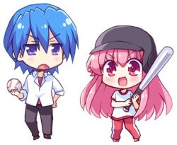 Rule 34 | 1boy, 1girl, :d, alternate costume, angel beats!, ball, baseball (object), black pants, blue eyes, blue hair, blush, chibi, chibi only, commentary, excited, frown, gym uniform, hair between eyes, hair down, hand on own hip, hinata hideki, holding, holding ball, jitome, kousetsu, long hair, long sleeves, looking at another, lowres, open mouth, pants, pink hair, red pants, shirt, short hair, short sleeves, sleeves rolled up, smile, standing, sweatdrop, v-shaped eyebrows, very long hair, white shirt, yui (angel beats!)