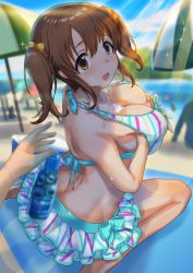 Rule 34 | 10s, 1girl, absurdres, ass, beach, beach towel, beach umbrella, bikini, blurry, breasts, brown eyes, brown hair, butt crack, cooler, cream, cream on body, cream on face, day, depth of field, food, food on face, hair ornament, highres, ice cream, idolmaster, idolmaster cinderella girls, large breasts, looking at viewer, looking back, makamati, open mouth, ramune, grabbing own breast, solo focus, swimsuit, totoki airi, towel, twintails, umbrella