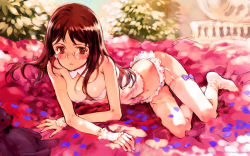 Rule 34 | 1girl, blush, breasts, brown eyes, brown hair, camisole, cleavage, copyright request, downblouse, garter belt, glasses, highres, legs, long hair, long legs, ooyari ashito, panties, solo, stuffed animal, stuffed toy, teddy bear, thighhighs, thighs, underwear, wallpaper