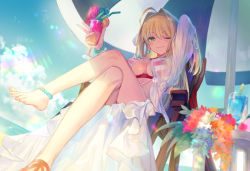 Rule 34 | 1girl, :3, ahoge, anklet, azu-taro, bad id, bad pixiv id, barefoot, beach umbrella, bikini, blonde hair, blush, cloud, crossed legs, cup, day, drinking glass, fate/grand order, fate (series), flower, green eyes, hair intakes, jewelry, legs, nero claudius (fate), nero claudius (fate) (all), nero claudius (swimsuit caster) (fate), nero claudius (swimsuit caster) (third ascension) (fate), ocean, one eye closed, sitting, smile, solo, striped bikini, striped clothes, swimsuit, umbrella, wet, wet clothes