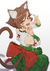 Rule 34 | 1girl, animal ears, bow, brown eyes, brown hair, cat ears, cat tail, collar, detached sleeves, fangs, hakama, hakama skirt, highres, japanese clothes, kionaoki, looking at viewer, looking back, nontraditional miko, open mouth, original, skirt, slit pupils, solo, tail