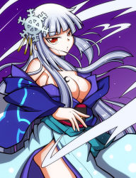 Rule 34 | 1girl, bare shoulders, breasts, bunny1219, female focus, hair ornament, highres, japanese clothes, kimono, large breasts, long hair, night, no bra, red eyes, silver hair, sister quest, solo, standing, yukata, yuki onna, yukiko (sister quest)