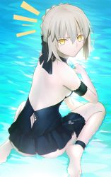 Rule 34 | 1girl, artoria pendragon (alter swimsuit rider) (fate), artoria pendragon (alter swimsuit rider) (first ascension) (fate), artoria pendragon (fate), ass, back, bad id, bad pixiv id, black one-piece swimsuit, breasts, fate/grand order, fate (series), grey hair, in water, looking at viewer, magicians (zhkahogigzkh), one-piece swimsuit, sideboob, sitting, solo, swimsuit, yellow eyes