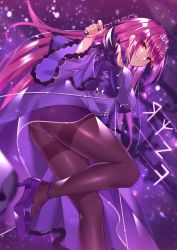 Rule 34 | 1girl, absurdres, ass, bare shoulders, black pantyhose, blush, breasts, cleavage, dress, fate/grand order, fate (series), feather trim, grin, hair between eyes, headpiece, heiyan shenshi, high heels, highres, holding, holding wand, large breasts, legs, long hair, long sleeves, looking at viewer, pantyhose, pumps, purple dress, purple footwear, purple hair, red eyes, revision, scathach (fate), scathach skadi (fate), smile, solo, thighband pantyhose, thighs, tiara, wand, wide sleeves