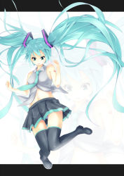 Rule 34 | 1girl, asutora, green eyes, green hair, hatsune miku, letterboxed, long hair, looking down, matching hair/eyes, necktie, panties, pantyshot, skirt, solo, striped clothes, striped panties, thighhighs, twintails, underwear, upskirt, very long hair, vocaloid, zoom layer