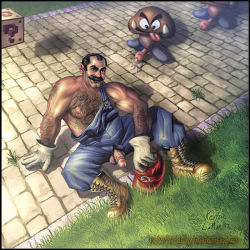 Rule 34 | 1boy, bara, body hair, boots, cum, erection, gloves, goomba, hairy, interspecies, kenzie lamar, male focus, manly, mario, mario (series), muscular, nintendo, non-web source, penis, what