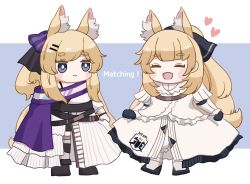Rule 34 | 2girls, :d, animal ear fluff, animal ears, arknights, aunt and niece, black bow, black footwear, black gloves, blemishine (arknights), blemishine (elite ii) (arknights), blonde hair, blue background, blush stickers, bow, cape, chibi, clothes lift, dress, dress lift, english text, gloves, hair bow, hair ornament, hairclip, happy, heart, highres, horse ears, horse girl, horse tail, lifted by self, long hair, multiple girls, open mouth, ponytail, purple bow, purple cape, shirt, sidelocks, simple background, smile, someyaya, striped, striped bow, tail, thick eyebrows, two-tone background, very long hair, whislash (arknights), whislash (glory purple) (arknights), white background, white dress, white shirt