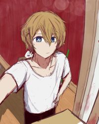 Rule 34 | 1boy, black pants, blonde hair, blood, blue eyes, box, closed mouth, collarbone, flower, hair between eyes, hand on own hip, hoshino aquamarine, indoors, looking at viewer, male focus, mismatched pupils, non-web source, opening door, oshi no ko, pants, self-upload, selfie, shirt, short hair, short sleeves, solo, standing, star-shaped pupils, star (symbol), sweatdrop, symbol-shaped pupils, white flower, white shirt, zyrobot