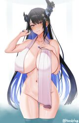 Rule 34 | 1girl, artist name, asymmetrical horns, black hair, blue hair, blue nails, breasts, collarbone, colored inner hair, cowboy shot, handplug, highres, hololive, hololive english, horns, huge breasts, indoors, long hair, looking at viewer, multicolored hair, naked towel, navel, nerissa ravencroft, partially submerged, red eyes, slit pupils, smile, solo, standing, towel, two-tone hair, virtual youtuber, water