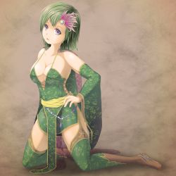 Rule 34 | 1990s (style), 1girl, bad id, bad pixiv id, blue eyes, boots, breasts, brown footwear, cape, cleavage, detached sleeves, final fantasy, final fantasy iv, green hair, green thighhighs, hair ornament, masatome, retro artstyle, rydia (ff4), solo, thighhighs
