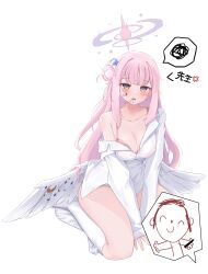 Rule 34 | 1girl, absurdres, angel wings, doodle sensei (blue archive), blue archive, breasts, daran9, halo, highres, lab coat, large breasts, mika (blue archive), pink hair, sensei (blue archive), simple background, socks, thighs, white background, white socks, white wings, wings, yellow eyes