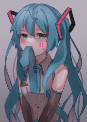 Rule 34 | 1girl, aqua eyes, aqua hair, aqua necktie, bare shoulders, blush, collared shirt, commentary request, cowboy shot, detached sleeves, facial tattoo, gradient background, grey background, hair between eyes, hair ornament, hatsune miku, highres, hya ro, long hair, looking at viewer, mouth hold, necktie, necktie in mouth, number tattoo, shirt, solo, sweatdrop, tattoo, twintails, very long hair, vocaloid