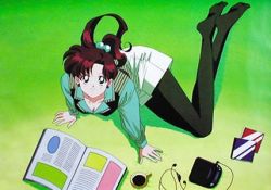 Rule 34 | 1990s (style), 1girl, bishoujo senshi sailor moon, black pantyhose, book, brown hair, cd case, coffee, cup, discman, grass, hair bobbles, hair ornament, kino makoto, long hair, long legs, looking up, lowres, lying, magazine (object), music, no shoes, official art, on floor, open book, outdoors, pantyhose, ponytail, reading, retro artstyle, shorts, solo, teacup